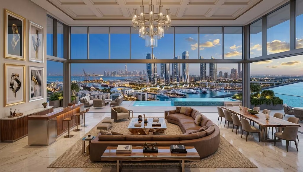 Living room with a marina view